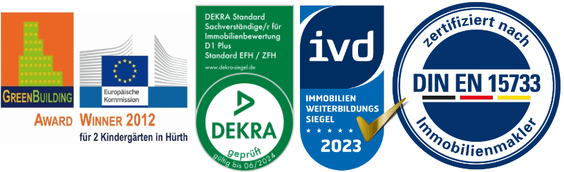 immobilienmakler & projektentwicklung hardy fuß Auszeichnung europäische Kommission,Siegel DEKRA, IVD Weiterbildung 2023, DIA Zertifizierung Immobilienmakler, Sachverständiger für Immobilienbewertung aus Frechen Köln West